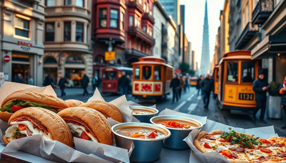 A bustling urban street in San Francisco, with a variety of quick takeaway meals on display in the foreground. Freshly baked sourdough sandwiches, fragrant steaming bowls of pho, and artisanal pizza slices with vibrant toppings are set against a backdrop of iconic Victorian architecture and cable cars. The scene is bathed in warm, golden afternoon light, capturing the lively atmosphere of this vibrant city. The camera angle is angled slightly upwards, inviting the viewer to explore the diverse culinary offerings that make up the city's thriving street food culture.