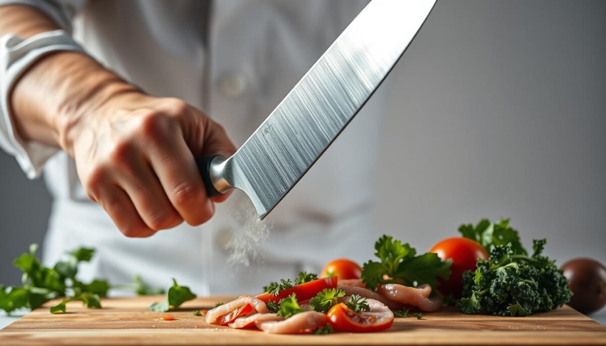 A chef's hand firmly gripping the handle of a sharp, stainless steel chef's knife, its blade glinting under bright, focused studio lighting. The knife is poised above a wooden cutting board, ready to slice through an array of fresh ingredients - vibrant vegetables, succulent meats, and crisp herbs. The background is clean and minimalist, allowing the knife and the chef's skilled movements to take center stage. The mood is one of precision, professionalism, and the passion for culinary excellence.