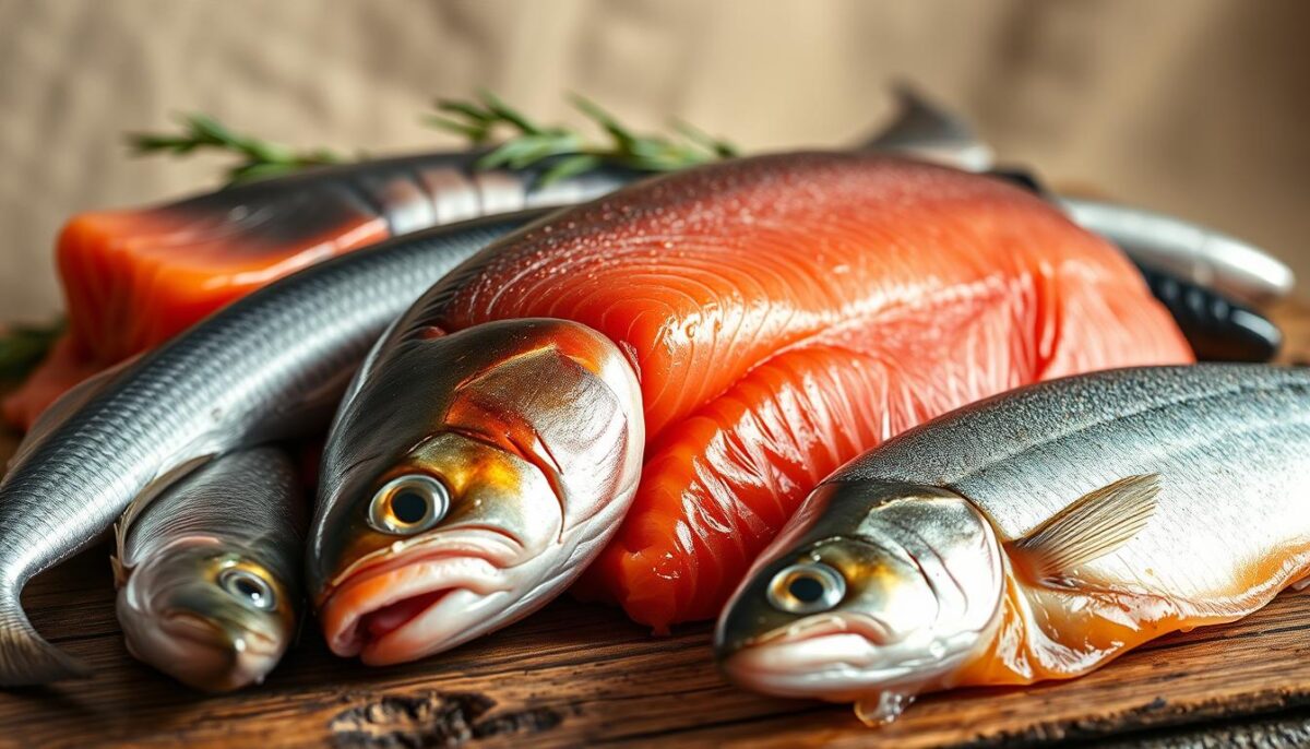 A close-up, highly detailed still life of various fatty fish, such as salmon, mackerel, and herring, arranged on a rustic wooden table. The fish are glistening with fresh moisture, their vibrant colors and textured skin captured in high resolution. Soft, natural lighting from the side casts gentle shadows, highlighting the rich, oily flesh of the fish. In the background, a simple backdrop of earthy tones, perhaps a linen cloth or plain wall, allows the fish to be the focal point. The overall composition conveys the nutritional abundance and protein-packed nature of these key vitamin D sources for growing, strong bones.