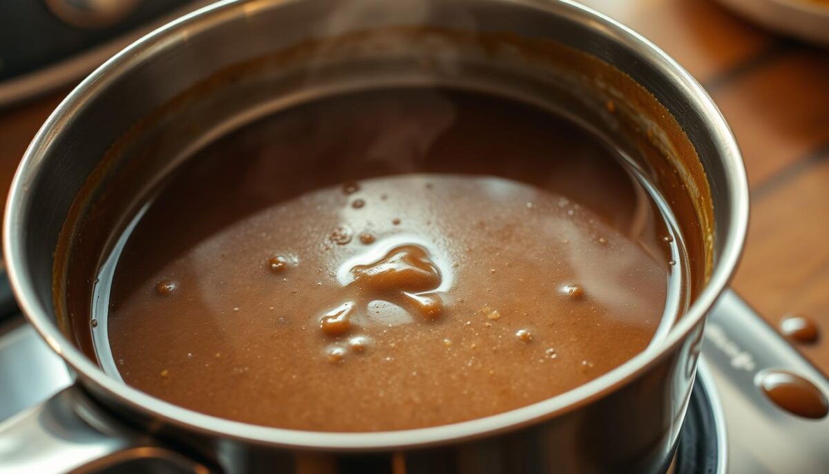 A close-up shot of a metal saucepan filled with thick, glossy beef gravy, simmering gently on a stovetop with a slight haze of steam rising. The gravy has a deep, rich brown color, with visible flecks of herbs and spices. The pan is positioned on a wooden table, with a few stray drops of gravy adding texture to the surface. The lighting is warm and inviting, casting a soft glow on the scene, creating a sense of old-fashioned diner ambiance. The composition emphasizes the artistry and technique involved in crafting the perfect diner-style gravy, ready to be drizzled over mashed potatoes, biscuits, or other classic diner fare.