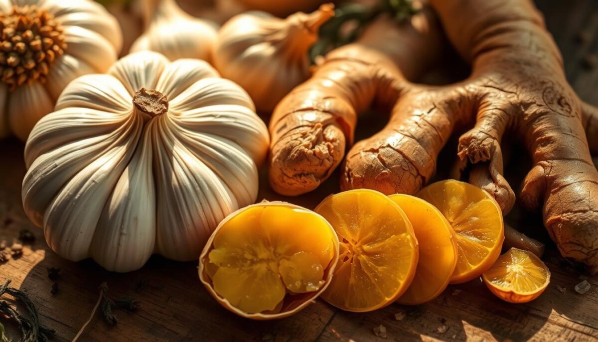 A close-up shot of fresh garlic and ginger roots, arranged in a rustic, earthy composition on a wooden surface. The lighting is warm and natural, casting gentle shadows that accentuate the intricate textures of the ingredients. The garlic bulbs are peeled, revealing their ivory-colored cloves, while the ginger roots are sliced to showcase their vibrant, amber-hued flesh. The arrangement is framed by a few scattered herbs or spices, hinting at the nourishing and immune-boosting properties of this dynamic duo. The overall mood is one of wholesome, homespun wellness, inviting the viewer to appreciate the simple power of these essential culinary and medicinal ingredients.