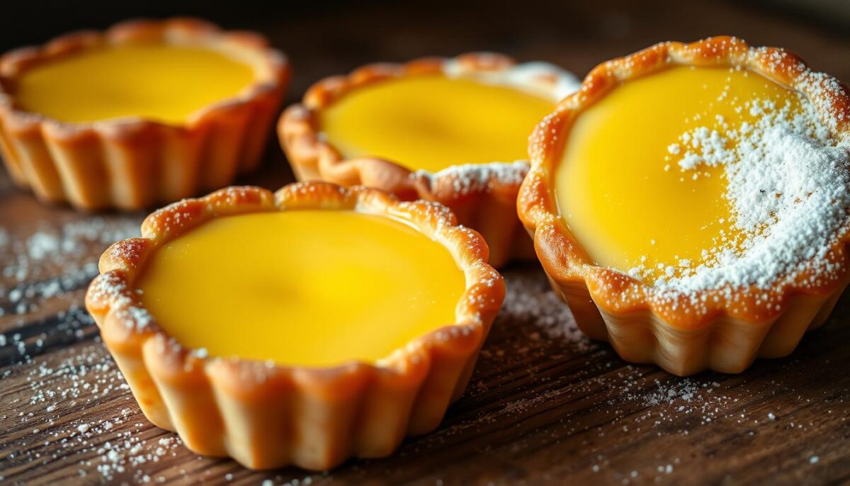 A close-up view of three freshly baked Portuguese custard tarts, known as "pastéis de nata," sitting on a rustic wooden table. The tarts have a golden, flaky pastry crust filled with a rich, creamy custard center, lightly dusted with powdered sugar. The lighting is soft and warm, creating a cozy, inviting atmosphere, highlighting the intricate details of the tarts. The overall composition suggests a traditional, homemade feel, capturing the essence of Portuguese baking and the delightful flavors of this beloved local delicacy.