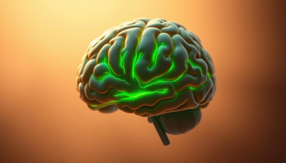 A closeup illustration of the human brain, with a focus on the frontal lobe. The brain is rendered in a detailed, anatomical style, with intricate neural pathways and glowing green regions representing high concentrations of DHA (docosahexaenoic acid). The background is a soft, blurred gradient, drawing the viewer's attention to the central brain structure. Warm lighting from the side casts subtle shadows, emphasizing the 3D form. The overall mood is informative and scientific, conveying the critical role of DHA in early childhood brain development.