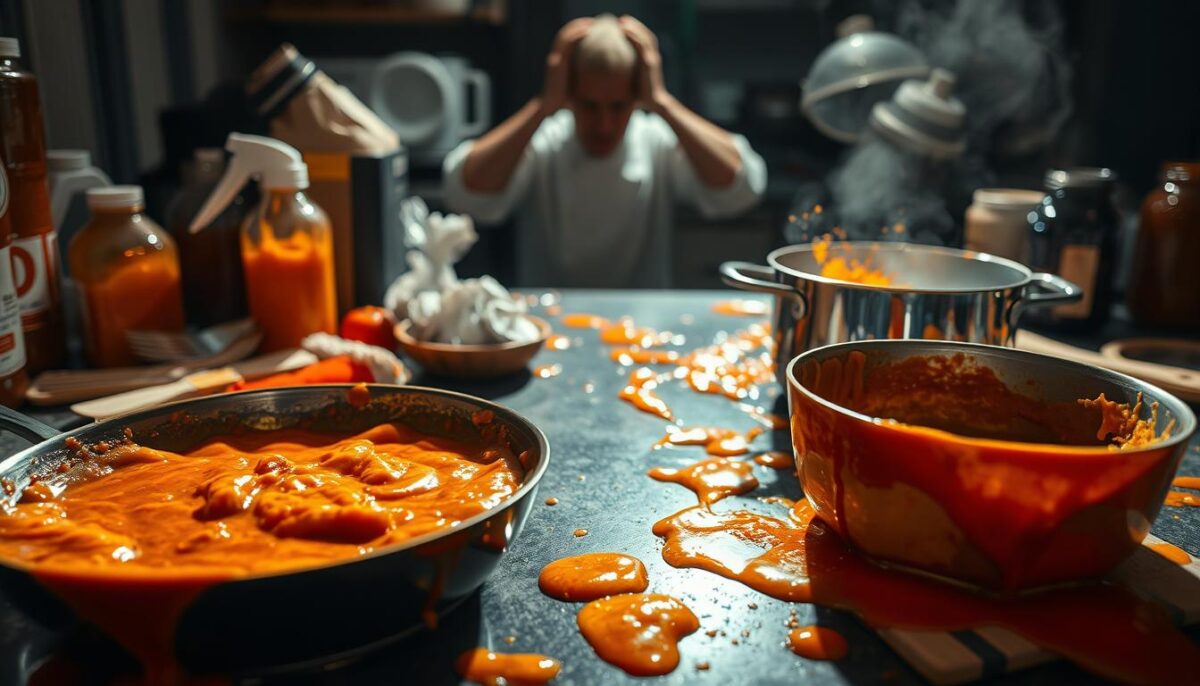 A cluttered kitchen counter, various sauces spilled and dripped, creating a chaotic mess. In the foreground, a pan with a bubbling, lumpy sauce, while nearby, a neglected pot of sauce has separated and curdled. The lighting is harsh, casting dramatic shadows that accentuate the imperfections. In the background, a blurred silhouette of a frustrated chef, hands on their head, surrounded by the aftermath of their sauce-making mishaps. The overall atmosphere conveys a sense of culinary failure, a cautionary tale of the pitfalls of sauce preparation.