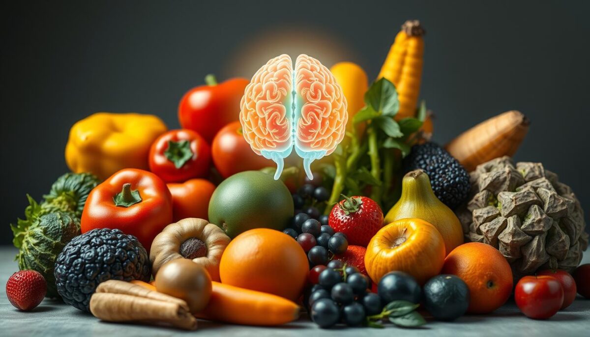 A colorful, vibrant still life scene showcasing an assortment of fresh fruits and vegetables arranged in a thoughtful composition, with a glowing, translucent 3D brain model seamlessly integrated into the center. The produce is meticulously detailed, with each item cast in soft, directional lighting to highlight its unique textures and colors. The brain floats weightlessly, pulsing with an inner energy that symbolizes the powerful connection between nutritious foods and cognitive function. The overall mood is one of wonder and scientific curiosity, inviting the viewer to contemplate the remarkable ways in which nature nourishes the mind.