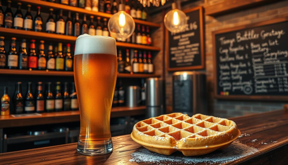 A cozy Belgian microbrewery interior, dimly lit with warm, golden lighting. On a wooden bar counter, a frosty glass of golden-amber Belgian batter beer, accompanied by a freshly baked Belgian waffle sprinkled with powdered sugar. The waffle's golden-brown, crispy exterior glistens, while its fluffy interior beckons. Shelves behind the bar display an array of bottled Belgian beers, their labels hinting at the complex flavors within. A chalkboard menu hangs on the wall, detailing the beer selection and food pairings. The scene evokes a sense of artisanal craftsmanship and indulgence, inviting the viewer to imagine the perfect pairing of a Brussels waffle and a Belgian batter beer.