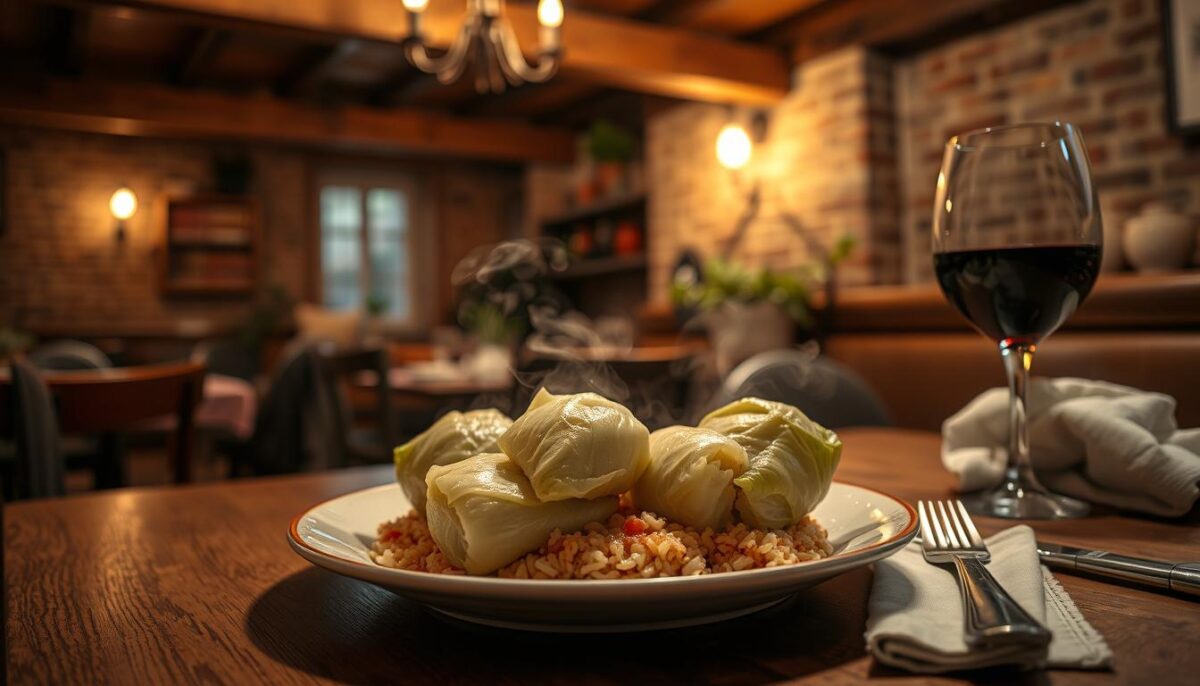 A cozy, dimly-lit Budapest restaurant interior, with a focus on a steaming plate of stuffed cabbage on a wooden table. The cabbage rolls are plump and glistening, nestled on a bed of savory rice and sauce. The table is set with traditional Hungarian ceramics, a glass of rich red wine, and a linen napkin. In the background, wooden beams, exposed brick walls, and a few potted plants create a rustic, homey atmosphere. Soft, warm lighting casts a gentle glow, adding to the inviting ambiance. The composition is balanced, with the stuffed cabbage as the central point of interest, surrounded by complementary elements that evoke the hearty, comforting nature of Hungarian cuisine.