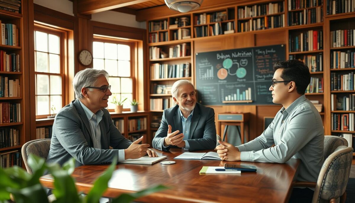 A cozy, inviting study with floor-to-ceiling bookshelves lining the walls. In the foreground, a group of three childhood brain nutrition experts sit around a wooden table, engaged in a lively discussion. One expert gestures animatedly, while the others listen intently, their faces alight with curiosity and intellectual vigor. Soft, natural lighting filters in through large windows, casting a warm glow over the scene. The experts are dressed in professional attire, exuding an air of authority and expertise. In the background, a chalkboard displays colorful diagrams and charts, hinting at the depth of their knowledge. An atmosphere of collaborative learning and discovery pervades the space.