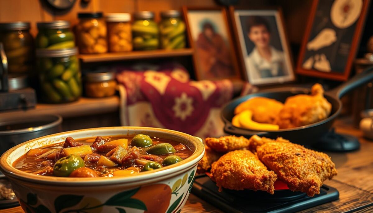 A cozy kitchen filled with the aroma of simmering Southern dishes. In the foreground, a hand-painted ceramic bowl overflows with a savory gumbo, thick with okra and andouille sausage. In the middle ground, a cast-iron skillet sizzles with crispy fried chicken, its golden-brown crust glistening under warm, soft lighting. The background reveals jars of homemade pickles, a heirloom quilt, and a treasured family photo - all evoking a sense of tradition, comfort, and the journeys that connect us to our roots. The overall scene conveys a feeling of warmth, nostalgia, and the soulful essence of Southern cuisine.