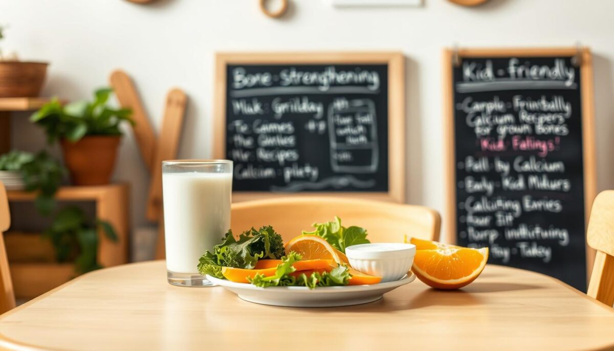 A cozy kitchen scene with a child-sized table set for a nutritious meal. On the table, a plate features a variety of colorful, bone-strengthening foods - leafy greens, bright orange slices, milk in a glass, and a small bowl of yogurt. Soft, natural lighting illuminates the scene, creating a warm, inviting atmosphere. In the background, a chalkboard displays a simple meal plan with kid-friendly, calcium-rich recipes. The overall composition conveys a sense of healthy, balanced eating for growing bones.