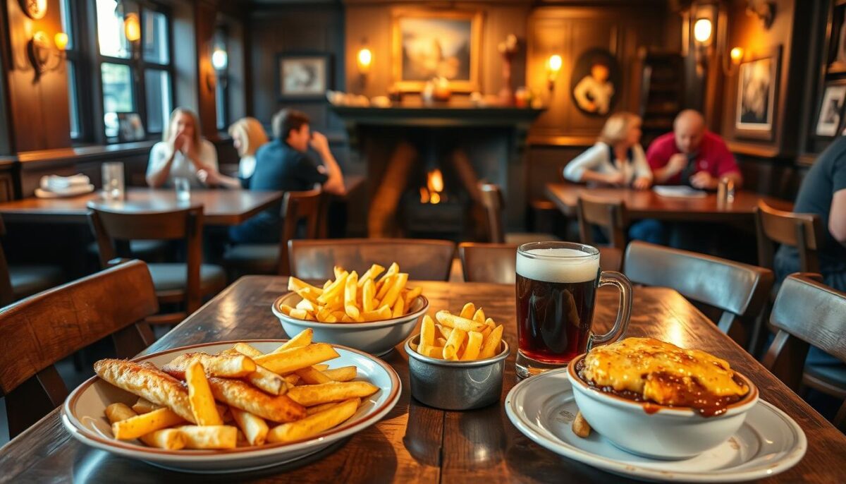 A cozy pub interior with rustic wooden tables and benches, adorned with warm lighting from gas lamps and a roaring fireplace in the background. The foreground features hearty meals such as fish and chips, shepherd's pie, and a pint of traditional British ale, all presented on sturdy ceramic plates and glassware. The middle ground showcases patrons enjoying their meals and drinks, creating a lively atmosphere of casual dining and camaraderie. The lighting casts a soft, golden glow, evoking a sense of comfort and tradition. The overall scene captures the essence of an authentic British pub experience, perfect for a budget-friendly yet satisfying dining adventure.