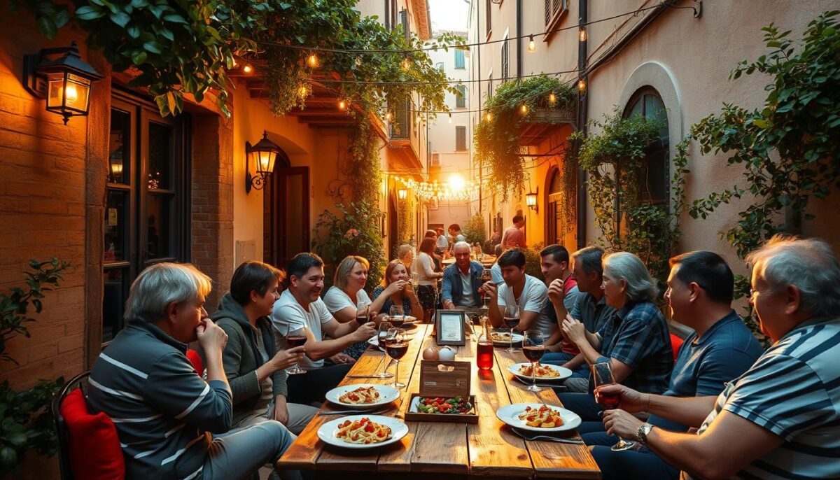 A cozy trattoria nestled in a quaint Roman alleyway, its terrace adorned with lush greenery and twinkling string lights. At the center, a rustic wooden table surrounded by cheerful locals savoring plates of freshly prepared pasta, antipasti, and glasses of robust red wine. The warm glow of a setting sun casts a soft, inviting ambiance, inviting passersby to linger, soak in the convivial atmosphere, and discover the true essence of Italian dining.