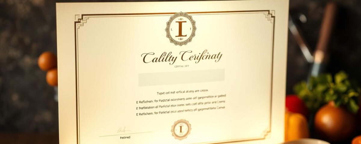 A crisp, elegant certificate illuminated by warm, golden lighting, floating against a blurred, textured background of chef's tools and ingredients. The certificate's design features a sophisticated monogram or seal, with clean typography conveying "Culinary Certification" in a bold yet refined style. The overall composition evokes a sense of professional achievement, culinary mastery, and refined gastronomic artistry.