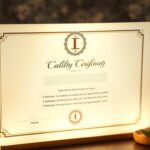 A crisp, elegant certificate illuminated by warm, golden lighting, floating against a blurred, textured background of chef's tools and ingredients. The certificate's design features a sophisticated monogram or seal, with clean typography conveying "Culinary Certification" in a bold yet refined style. The overall composition evokes a sense of professional achievement, culinary mastery, and refined gastronomic artistry.