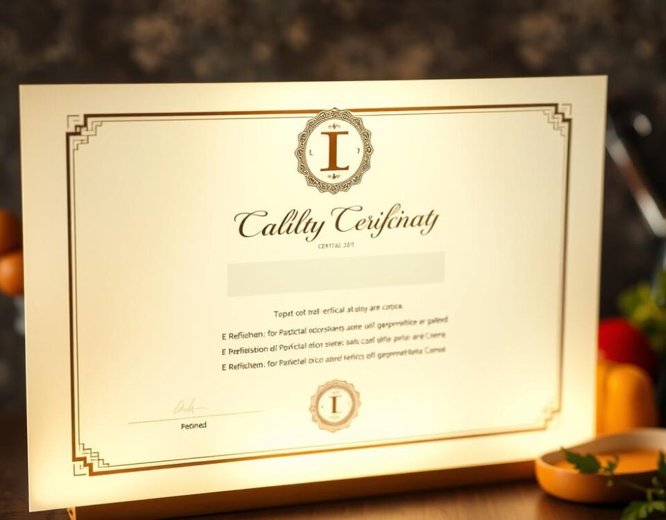 A crisp, elegant certificate illuminated by warm, golden lighting, floating against a blurred, textured background of chef's tools and ingredients. The certificate's design features a sophisticated monogram or seal, with clean typography conveying "Culinary Certification" in a bold yet refined style. The overall composition evokes a sense of professional achievement, culinary mastery, and refined gastronomic artistry.