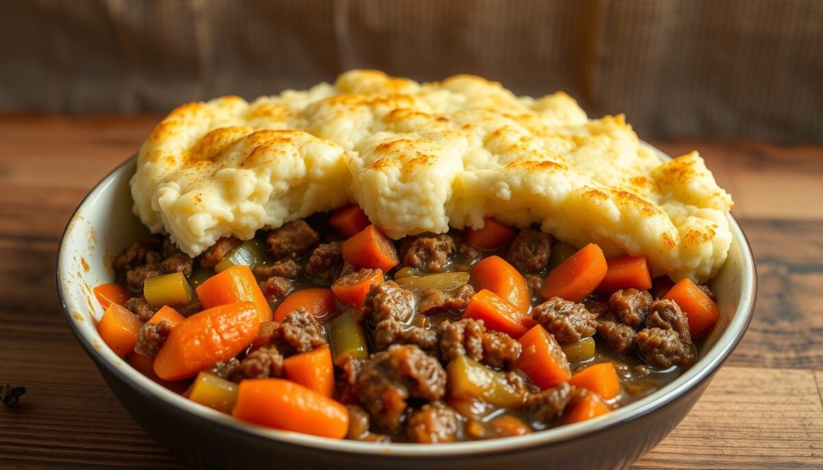 A dairy-free shepherd's pie with a golden-brown mashed cauliflower topping, resting on a wooden table. In the foreground, a savory ground lamb or beef filling, simmered with aromatic vegetables and a rich, gravy-like sauce. The middle ground showcases tender baked carrots, celery, and onions, casting warm shadows across the dish. The background features a natural linen or burlap texture, evoking a rustic, homemade ambiance. Soft, even lighting illuminates the dish, creating a cozy, inviting atmosphere. The overall scene captures the essence of a hearty, nourishing keto-paleo twist on a classic comfort food.