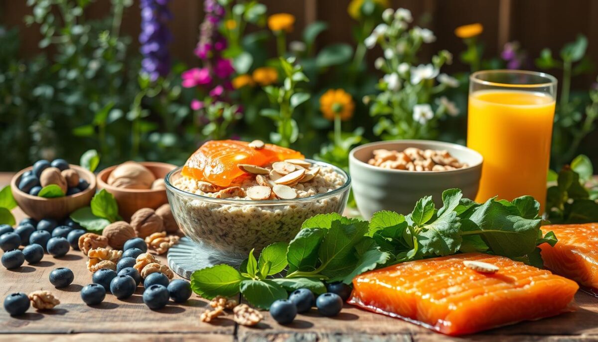 A delectable spread of brain-boosting recipes captured in a warm, inviting still life. In the foreground, a colorful array of vibrant superfoods - blueberries, walnuts, spinach, and salmon - artfully arranged on a rustic wooden table. The middle ground features a steaming bowl of oatmeal topped with sliced almonds and a drizzle of honey, accompanied by a glass of freshly squeezed orange juice. In the background, a vibrant herb garden provides a lush, natural backdrop, bathed in soft, natural lighting that enhances the overall mood of nourishment and wellness. The composition evokes a sense of simplicity, wholesomeness, and the power of wholesome, brain-boosting ingredients.