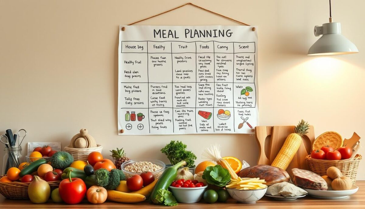 A detailed, hand-drawn child meal planning chart hangs on a pastel-colored kitchen wall, illuminated by soft, natural lighting. In the foreground, various healthy food items are neatly arranged, including fresh fruits, vegetables, whole grains, and lean proteins. The chart itself features colorful, age-appropriate illustrations and clear, concise meal suggestions to encourage mindful eating habits. The overall atmosphere is warm, inviting, and promotes a sense of care and nurturing for the child's well-being.