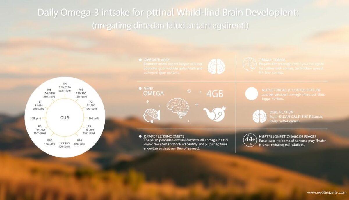 A detailed infographic showcasing the daily omega-3 intake guidelines for optimal child brain development. A clean, minimalist design with a soft, natural color palette. In the foreground, a central circular chart clearly displaying the recommended dosages for different age groups, along with a text legend. In the middle ground, supporting graphics like stylized omega-3 molecules, brain diagrams, and icons representing nutrient-rich foods. The background features a serene, blurred landscape with rolling hills and a calming sky, conveying a sense of balance and wellbeing. Subtle ambient lighting casts a warm glow, creating a soothing, educational atmosphere. Captured with a wide-angle lens for maximum visual impact.