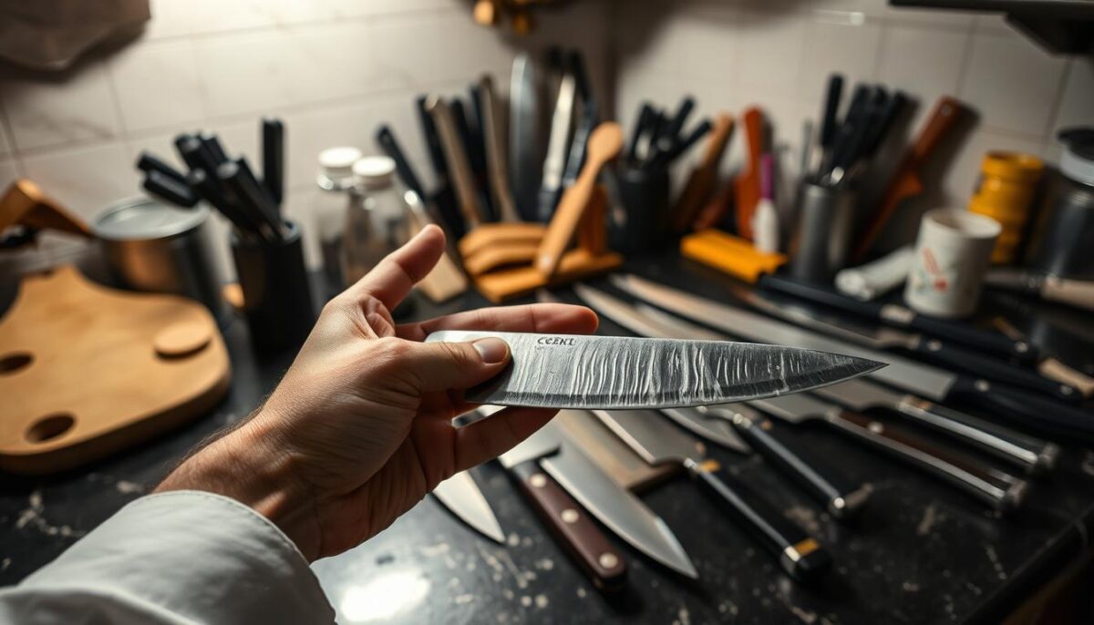 A dimly lit kitchen countertop with various chef's knives arranged in an unorganized fashion, showcasing common mistakes like improper storage, damage, and poor maintenance. In the foreground, a chef's hand reaches out, grasping a knife with a chipped or dull blade, highlighting the importance of proper knife care. The middle ground features a collection of knives in various states of disrepair, some with rust or bent tips, while the background depicts a cluttered kitchen environment, emphasizing the need for organization and attention to detail when it comes to handling chef's knives.