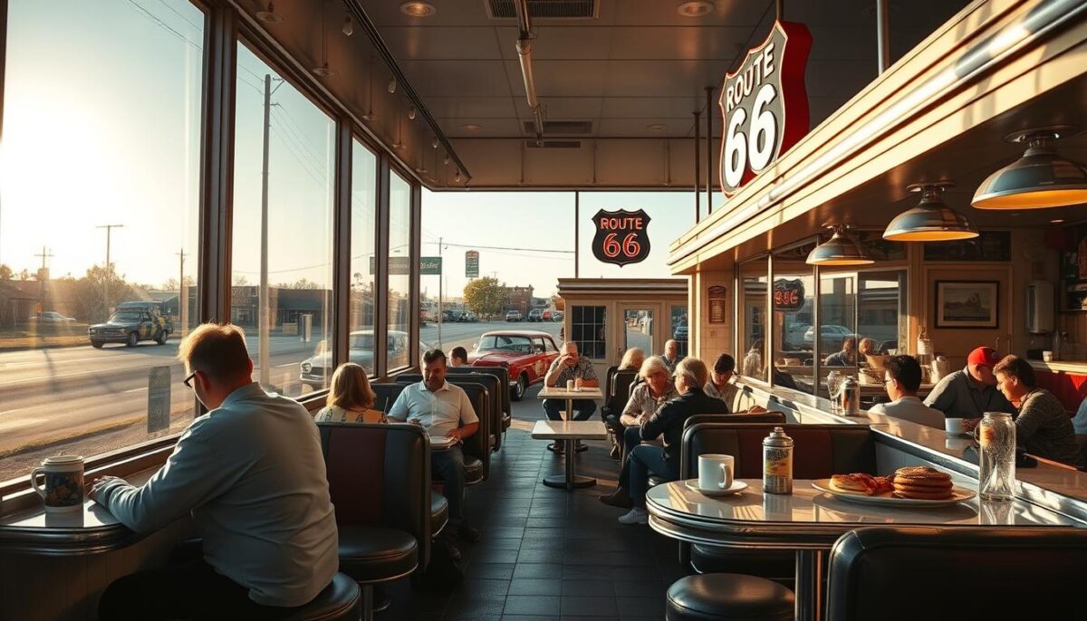 A diner nestled along Route 66, its neon sign flickering in the early morning light. Inside, the counter is bustling with locals savoring steaming mugs of coffee and hearty plates of pancakes, eggs, and crispy bacon. Sunlight filters through the large windows, casting a warm glow over the well-worn booths and retro decor. The air is filled with the aroma of freshly brewed coffee and sizzling hash browns. In the background, the rumble of classic cars passing by sets the soundtrack for this legendary breakfast spot, where the day begins with the promise of adventure and the comfort of a satisfying meal.