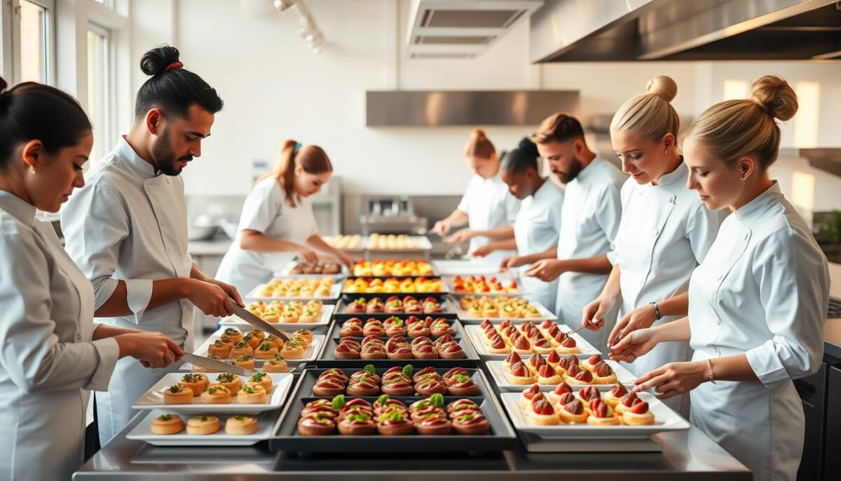 A diverse team of professional caterers diligently prepping a meticulously arranged spread of hors d'oeuvres, platters, and desserts in a bright, airy commercial kitchen. The team members, clad in crisp white uniforms, work in perfect harmony, chopping, plating, and garnishing with practiced ease. Soft natural light filters in through large windows, casting a warm glow over the scene. Stainless steel appliances and gleaming countertops create a modern, efficient workspace. The atmosphere exudes a palpable sense of focus, efficiency, and pride in their craft as they ready the sumptuous display for an impending event.