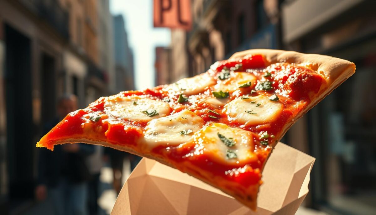 A glistening, fresh-from-the-oven New York-style pizza slice, its thin, crispy crust generously topped with vibrant tomato sauce, gooey mozzarella cheese, and a smattering of fragrant oregano. The slice is held in a sturdy paper sleeve, ready to be savored on the bustling streets of the city. Bright natural light illuminates the slice from the side, casting a warm, inviting glow and highlighting the steam rising from the puffed, blistered edges. The overall scene evokes the quintessential experience of enjoying a classic New York pizza slice, capturing the perfect balance of flavor, texture, and the energy of the city.