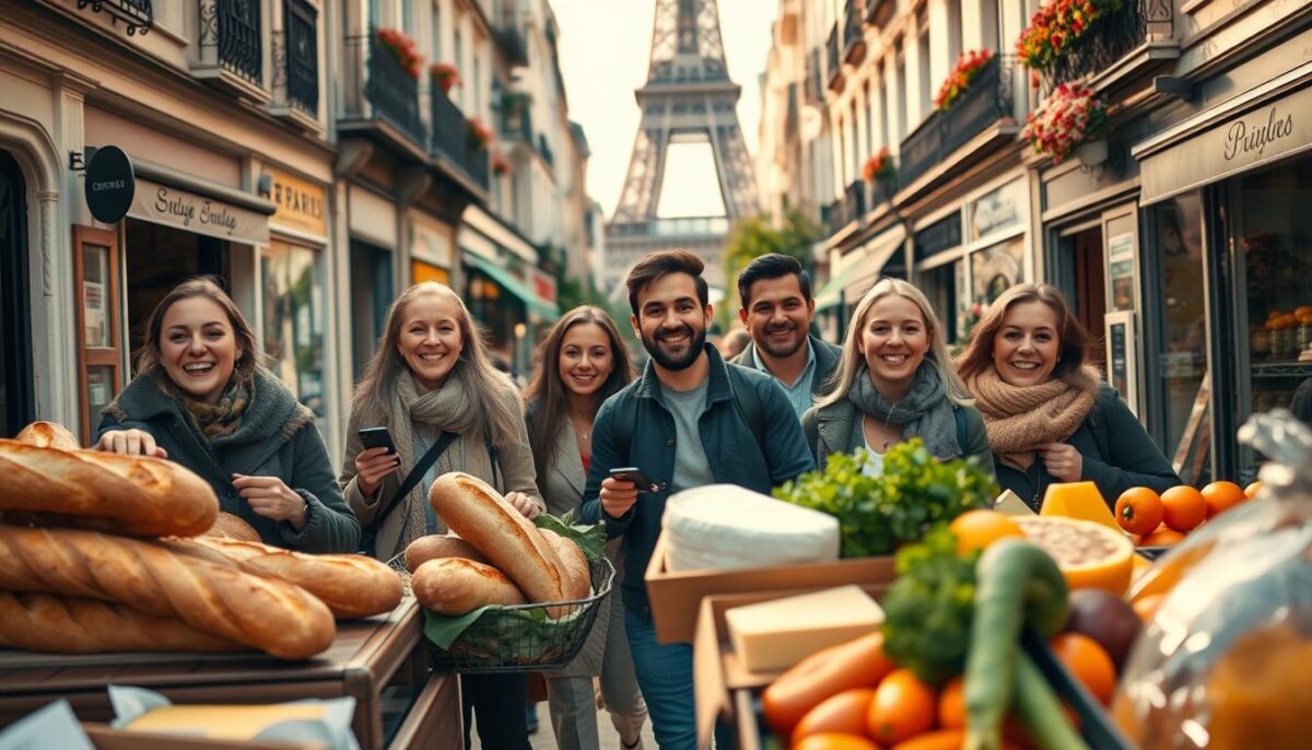 A group of enthusiastic food connoisseurs strolling through the charming streets of Paris, their faces alight with eager anticipation. In the foreground, a diverse array of local delicacies beckons - freshly baked baguettes, artisanal cheeses, and vibrant produce from the nearby market. The middle ground reveals a picturesque Parisian street, with quaint cafes and boutiques lining the sidewalks, their facades adorned with wrought-iron balconies and blooming window boxes. In the background, the iconic Eiffel Tower stands tall, its silhouette casting a romantic glow over the scene. Warm, natural lighting bathes the entire composition, evoking a sense of joie de vivre and the unique culinary spirit of the city.