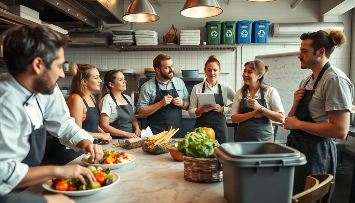 A group of restaurant staff gathered around a table, passionately discussing ways to reduce food waste. In the foreground, a chef meticulously examines a plate of surplus ingredients, contemplating creative repurposing ideas. In the middle ground, a manager leads a lively brainstorming session, jotting down suggestions on a whiteboard. The background depicts a well-organized kitchen, with efficient storage solutions and recycling bins prominent. The lighting is warm and inviting, conveying a sense of collaboration and shared purpose. The overall atmosphere reflects a culture of sustainability, where each employee takes ownership in minimizing waste and maximizing resource utilization.
