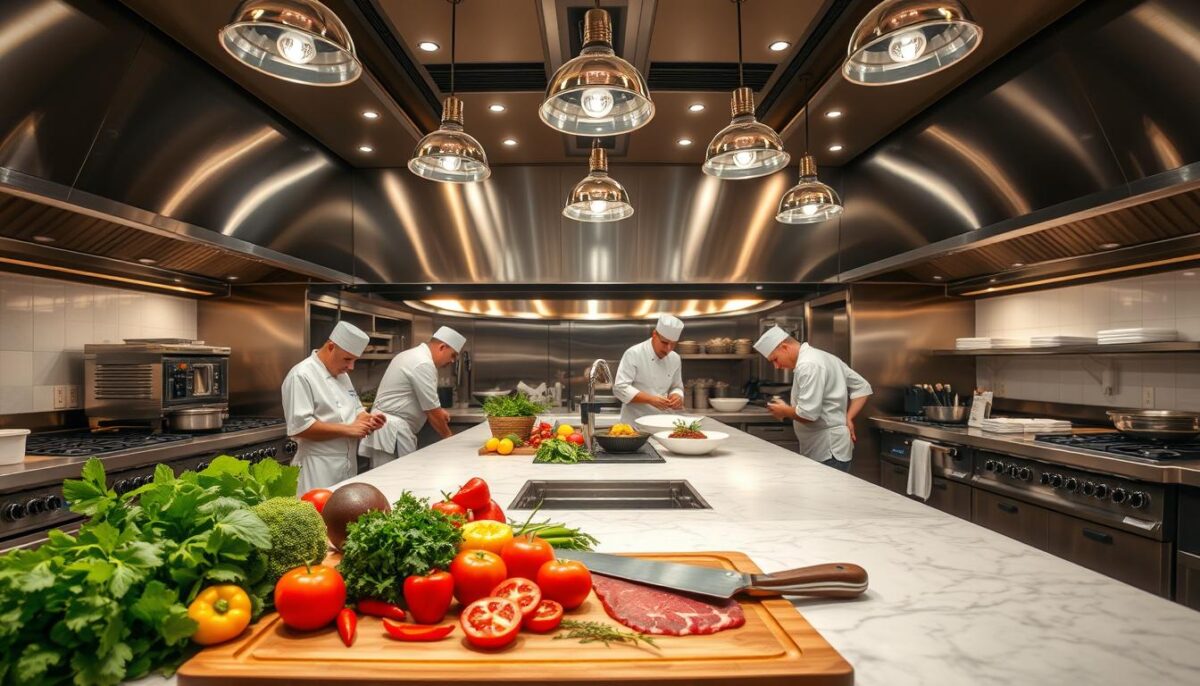 A high-end commercial kitchen with gleaming stainless steel appliances and a large marble-topped central island. Overhead, a dramatic array of pendant lights casts a warm glow, illuminating a team of chefs in crisp white uniforms diligently preparing gourmet dishes. In the foreground, a well-worn cutting board and an assortment of fresh, seasonal ingredients - vibrant vegetables, aromatic herbs, and premium cuts of meat. The atmosphere is one of focused intensity, where the chefs' expertise, creativity, and passion for their craft are the driving forces behind their exceptional salaries.