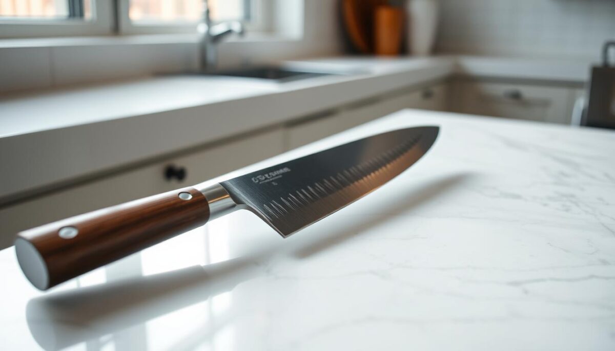 A high-quality chef's knife resting on a pristine white marble countertop, illuminated by soft, natural lighting from a nearby window. The knife's blade gleams with a polished, razor-sharp edge, its handle crafted from sleek, dark wood. The scene captures the essence of a professional kitchen, where precision and quality are paramount. The knife is the centerpiece, showcasing its versatility and the attention to detail required to select the right tool for the job. The overall mood is one of culinary excellence, inspiring the viewer to choose their own kitchen companion with care.