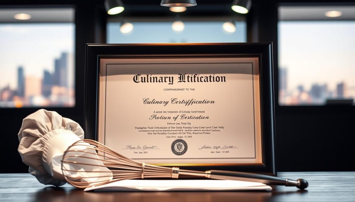 A high-quality culinary certification diploma proudly displayed on a dark wooden desk. The diploma is framed in a sleek, modern frame, with a subtle spotlight illuminating it from above, casting a warm, professional glow. In the foreground, a chef's toque, whisk, and spatula are neatly arranged, suggesting the hard work and dedication required to earn such a prestigious credential. The background features a blurred, out-of-focus cityscape, hinting at the opportunities and recognition that come with being a certified culinary professional. The overall atmosphere conveys a sense of achievement, expertise, and the pride associated with earning a culinary certification.