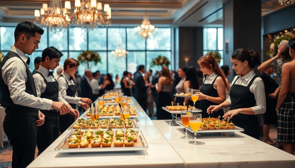 A high-quality, professional catering event management scene. In the foreground, a team of servers in crisp uniforms carefully arranging platters of gourmet hors d'oeuvres and drinks on a sleek, modern buffet table. In the middle ground, guests mingling and conversing, the atmosphere buzzing with energy and excitement. The background depicts a beautifully decorated event space, with elegant chandeliers, tasteful floral arrangements, and floor-to-ceiling windows allowing natural light to flood the room. The lighting is soft and warm, creating a refined, upscale ambiance. The composition captures the choreographed efficiency of the catering staff and the enjoyment of the attendees, conveying the importance of exceptional event management for a successful catering business.