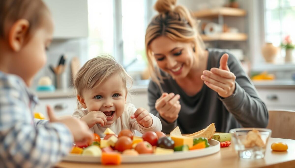 A joyful mealtime scene filled with educational and imaginative play. In the foreground, a child enthusiastically explores a variety of colorful, textured food items, engaging their senses of touch, sight, and taste. In the middle ground, an adult gently guides the child, demonstrating playful techniques to make feeding an interactive learning experience. The background depicts a warm, inviting kitchen setting with natural lighting, creating a cozy, nurturing atmosphere. The overall mood is one of curiosity, discovery, and bonding between the child and caregiver during this crucial developmental stage.
