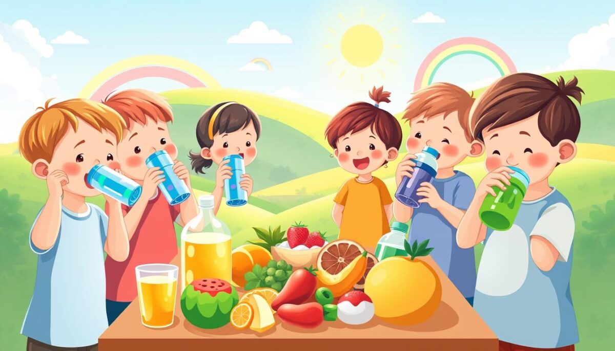 A lively, colorful illustration of children engaged in various hydration strategies. In the foreground, a group of kids drinking from reusable water bottles and colorful sippy cups, their faces animated with enthusiasm. In the middle ground, a selection of healthy snacks and fresh fruit arranged in an appealing display, encouraging nutritious refueling. The background features a bright, sunlit outdoor setting, with playful elements like rainbows, clouds, and a verdant, pastoral landscape, conveying a sense of energy, wellness, and wholesome living. Soft, diffused lighting and a warm, inviting color palette contribute to an uplifting, aspirational atmosphere.
