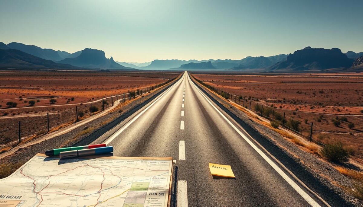 A long, winding highway stretches across a vast, sun-dappled landscape, with a tactile timeline unfolding along the road. In the foreground, a vintage road map and a set of highlighters, markers, and Post-it notes hint at the meticulous planning of a cross-country journey. The middle ground features a series of carefully curated icons and symbols representing the diverse culinary delights and roadside attractions that await the traveler, all arranged in a visually striking, infographic-style layout. In the background, towering mountains and open skies create a sense of scale and adventure, the perfect backdrop for this sprawling, meticulously organized road trip timeline.