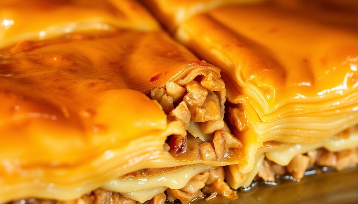 A luscious close-up of freshly baked baklava, its golden layers of phyllo pastry glistening with melted butter and honey. The delicate folds cascade across the frame, revealing a cross-section of the decadent filling - crushed walnuts, spiced with cinnamon and laced with fragrant lemon zest. Soft, warm light bathes the scene, casting subtle shadows that accentuate the intricate textures. The image exudes an air of refined indulgence, inviting the viewer to savor each rich, sticky bite of this iconic Turkish confection.