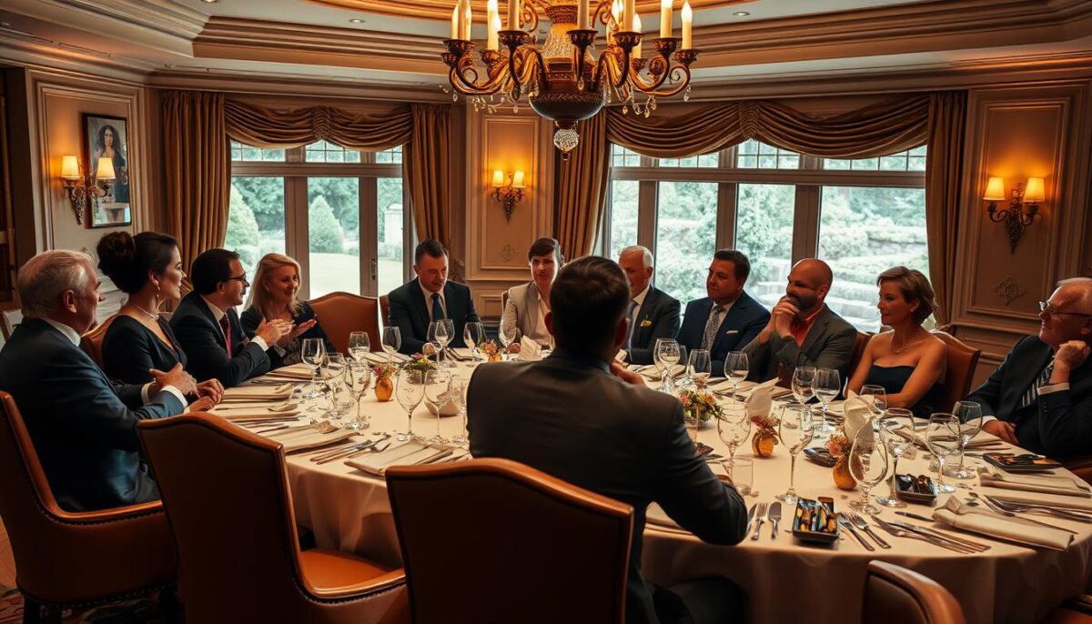 A luxurious dining room filled with well-dressed, high-profile individuals engaged in animated conversation. Elegant table settings, crystal glassware, and fine china adorn the table, bathed in the warm glow of a grand chandelier overhead. Plush leather chairs and muted, earthy tones create an atmosphere of sophistication and exclusivity. The guests, representing various fields of industry and finance, exude an air of confidence and prosperity, their expressions and body language conveying the importance of the occasion. A large window in the background offers a glimpse of a manicured garden, further emphasizing the affluence and privilege of this private gathering.