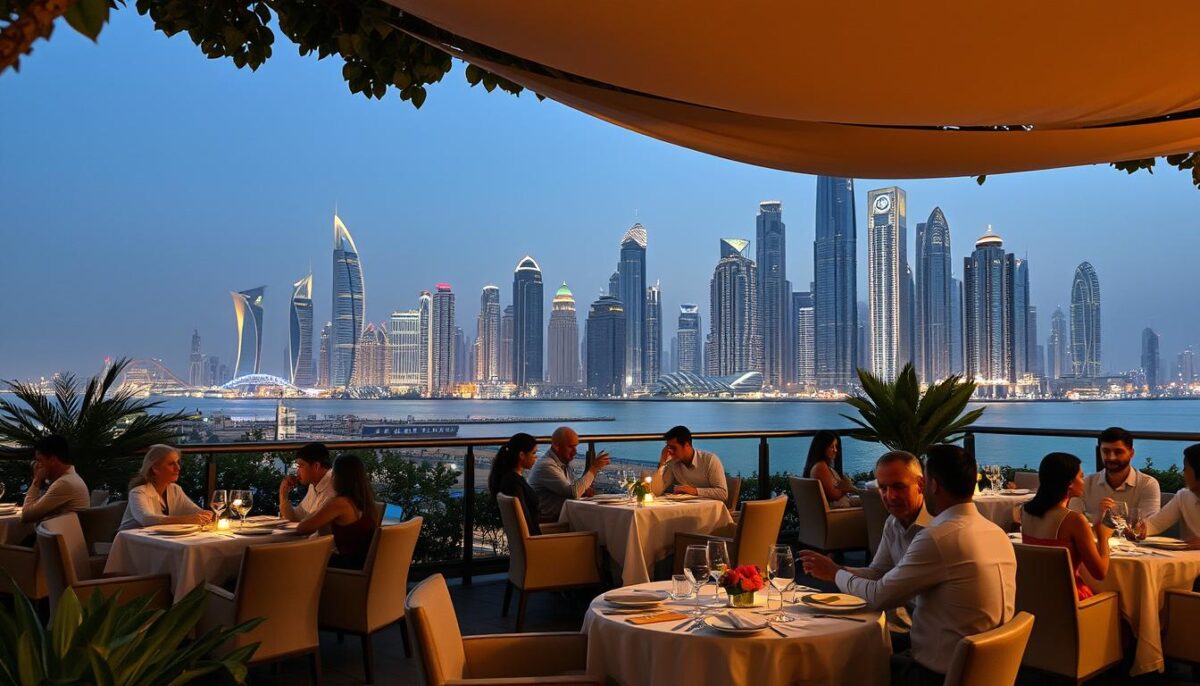 A magnificent Dubai skyline, the iconic skyscrapers gleaming in the evening sun, casting long shadows across a tranquil outdoor dining terrace. Elegant tables adorned with crisp white linens and fine glassware, nestled beneath a canopy of lush greenery. Diners savor local delicacies, sipping refreshing beverages as they gaze out over the shimmering waters of the Arabian Gulf. A warm, inviting atmosphere enhanced by soft, ambient lighting and the gentle hum of conversation. A picture-perfect setting that elevates the dining experience, blending the vibrancy of the city with the serenity of an alfresco oasis.