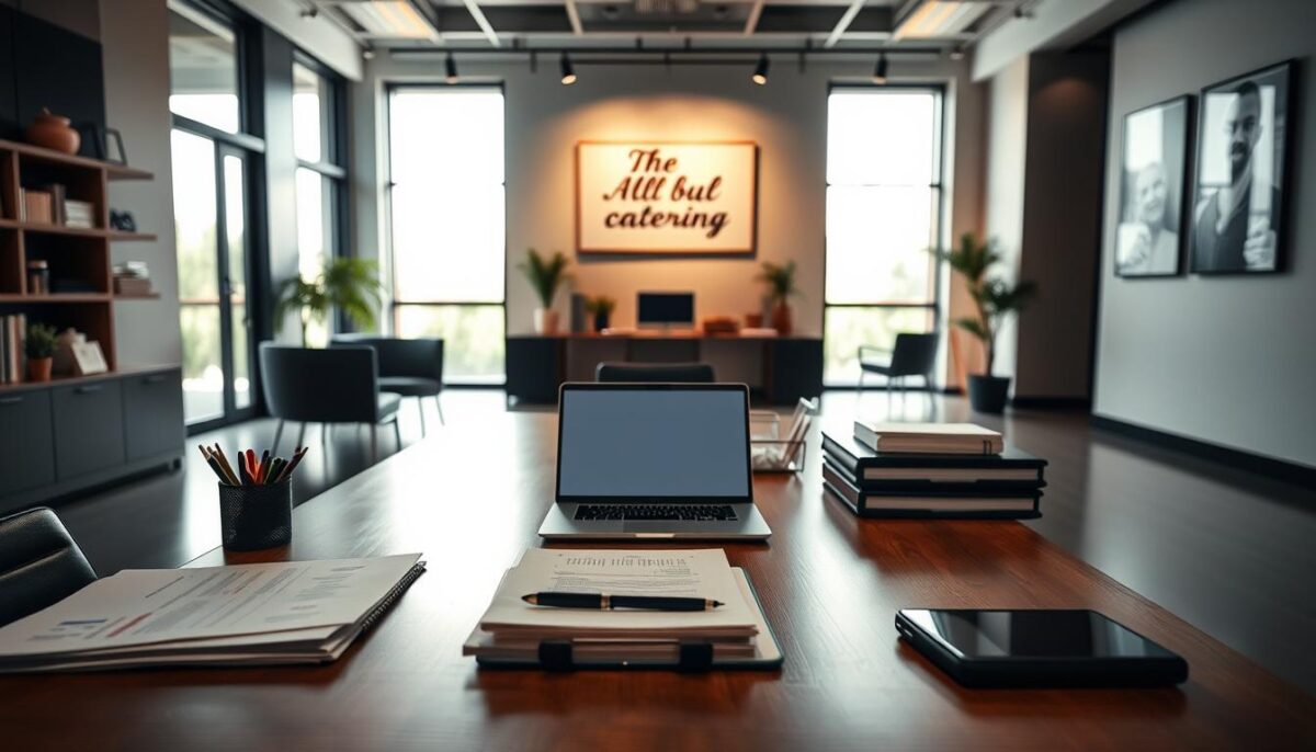 A modern office interior with a sleek, minimalist design. In the foreground, a wooden desk displays various office supplies and documents, hinting at the administrative tasks of starting a catering business. The middle ground showcases a laptop and a tablet, representing the digital tools needed for business planning and organization. In the background, floor-to-ceiling windows allow natural light to flood the space, creating a warm and inviting atmosphere. The walls are adorned with inspirational wall art, reflecting the entrepreneurial spirit. The overall scene conveys a sense of professionalism, attention to detail, and the essential first steps required to launch a successful catering venture.