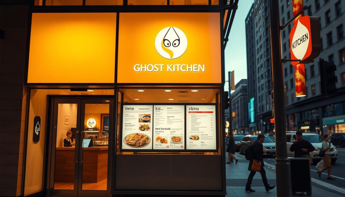 A modern, sleek ghost kitchen with a vibrant, eye-catching storefront. The facade features a warm, inviting glow from the interior lighting, casting a soft, atmospheric ambiance. In the foreground, a prominently displayed logo and branding convey a sense of professionalism and quality. The middle ground showcases a well-designed, minimalist menu board highlighting the kitchen's diverse offerings. In the background, a bustling urban streetscape sets the scene, suggesting the kitchen's strategic location and accessibility. The overall composition communicates a polished, digital-forward marketing approach tailored to the ghost kitchen's target audience.