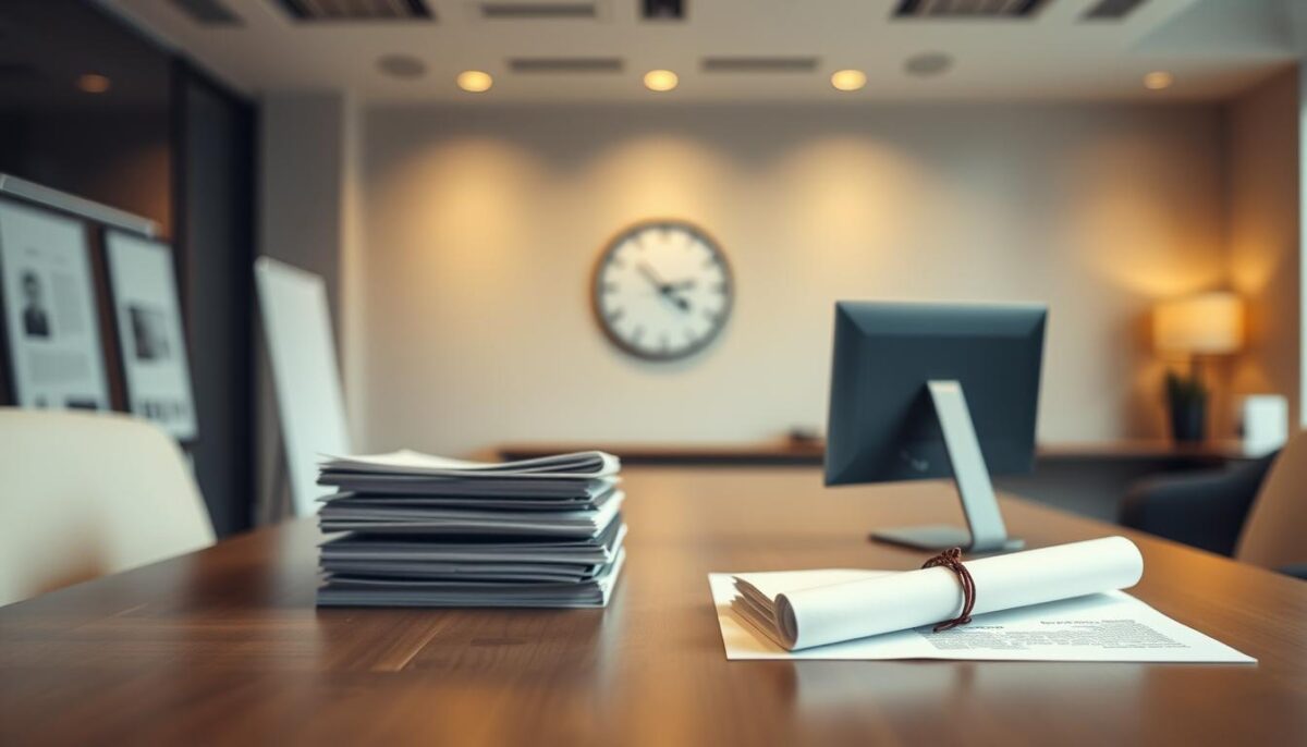 A modern, sleek office setting with a desk and computer in the foreground, showcasing the certification process. In the middle ground, a stack of documents and a diploma are visible, representing the application and examination stages. The background features a warm, professional atmosphere with subtle lighting and minimalist decor, conveying a sense of achievement and credibility. The overall scene captures the journey of the certification process, from the initial application to the final certification, with a clean, visually appealing aesthetic.