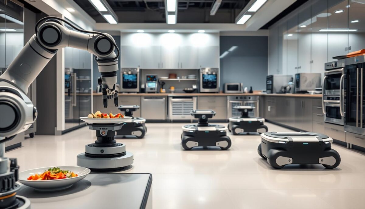 A modern, well-equipped kitchen automation system. In the foreground, a robotic arm precisely assembles dishes, its movements choreographed by advanced sensors and software. In the middle ground, a team of autonomous mobile robots glide across the floor, delivering ingredients and supplies to various stations. The background features an array of smart appliances, each connected to a central control panel, their operations seamlessly synchronized. Soft, even lighting illuminates the scene, creating a clean, efficient atmosphere. The overall impression is one of a highly streamlined, technology-driven kitchen, poised to maximize productivity and culinary excellence.