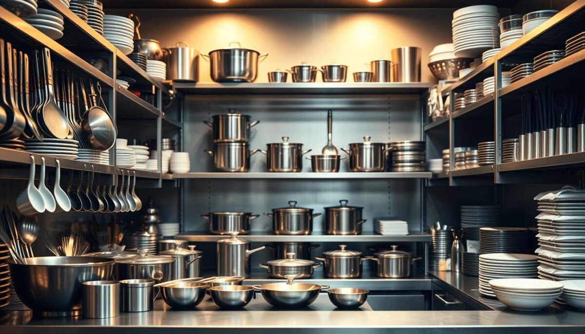 A modern, well-stocked commercial kitchen with an array of high-quality restaurant supplies arranged neatly on stainless steel shelves. In the foreground, various cooking utensils, mixing bowls, and measuring cups are displayed with precise, minimalist styling. The middle ground features a selection of pots, pans, and baking trays, all gleaming under the warm, diffused lighting. In the background, subtle shadows create depth, emphasizing the organization and efficiency of this professional-grade setup. The overall atmosphere conveys a sense of culinary precision, productivity, and value-driven procurement for the discerning restaurant owner.