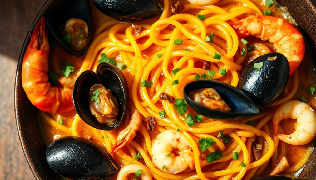 A mouthwatering fideua dish with shimmering golden-brown noodles, nestled among a bounty of succulent seafood - plump prawns, tender squid, and briny mussels. The vibrant saffron-infused broth radiates warmth, complemented by a scattering of freshly chopped parsley. A subtle aroma of garlic and paprika fills the air, hinting at the robust Mediterranean flavors. The scene is bathed in soft, natural lighting, casting gentle shadows and highlighting the intricate textures of the ingredients. Against a backdrop of subtle earth tones, the fideua takes center stage, inviting the viewer to savor the harmony of land and sea.