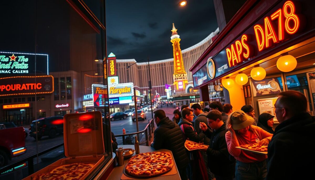 A neon-lit cityscape of Las Vegas at midnight, with the iconic Strip in the background. In the foreground, a bustling late-night pizza parlor, its windows illuminated with a warm glow. Delectable slices of steaming pizza are being served to hungry patrons, their faces lit by the vibrant neon signs overhead. The atmosphere is electric, with a lively energy and a touch of edginess that captures the essence of this city that never sleeps. The scene is captured through a wide-angle lens, emphasizing the dynamic interplay of light, shadow, and the city's distinctive architecture. The overall mood is one of diverse culinary delights and a vibrant nightlife, perfectly encapsulating the section's theme.