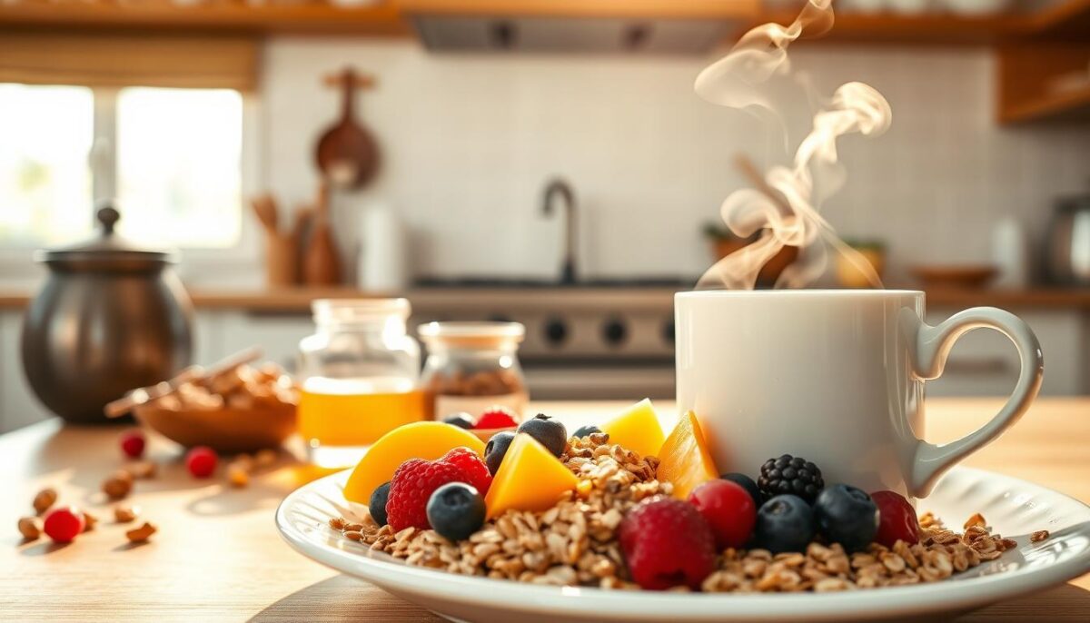A nourishing breakfast table set against a bright, airy kitchen backdrop. In the foreground, a plate showcases a tempting array of fresh fruits, whole grain oats, and a garnish of vibrant berries. A steaming mug of fragrant herbal tea sits nearby, emitting wisps of steam. In the middle ground, a bowl of crunchy nuts and seeds, a jar of honey, and a small dish of Greek yogurt complete the spread. The warm, natural lighting casts a soft glow, enhancing the inviting atmosphere. The overall scene radiates focus, energy, and a sense of mindful, healthful sustenance to fuel the day ahead.