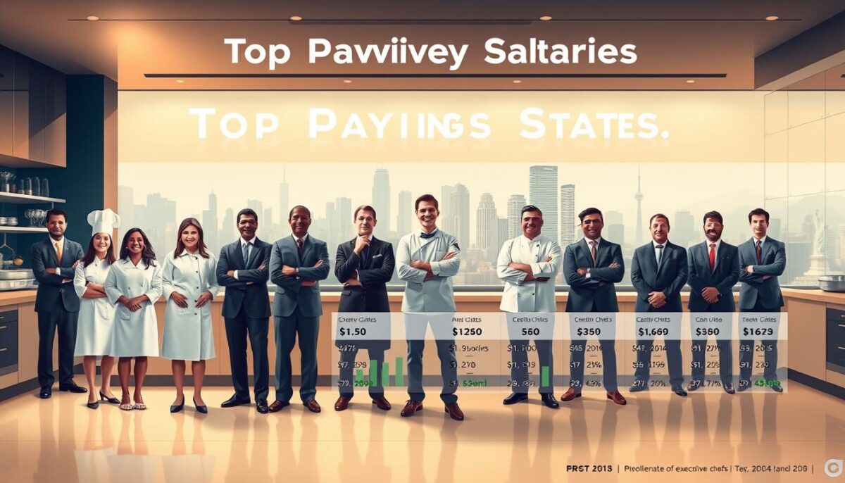 A panoramic illustration showcasing the top-paying states for executive chef positions in the United States. The foreground features a group of diverse, well-dressed chefs standing proudly in front of a sleek, modern kitchen. The middle ground depicts a series of data visualizations, including bar charts and infographics, highlighting the average salaries for executive chefs in each state. The background is a softly blurred landscape, with recognizable landmarks and cityscapes representing the different regions. The lighting is warm and inviting, emphasizing the prestige and success of the culinary professionals. The overall composition conveys a sense of authority, expertise, and the financial opportunities available for skilled executive chefs across the country.