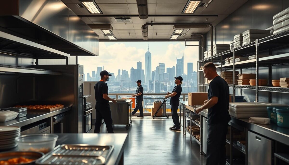 A professional, high-quality, photo-realistic image of a ghost kitchen business model. The foreground shows the interior of a ghost kitchen facility, with stainless steel equipment, industrial shelving, and food preparation stations. The middle ground features delivery drivers and staff members coordinating food orders and logistics. The background depicts a city skyline, with skyscrapers and traffic in the distance, conveying the urban setting and bustling nature of the ghost kitchen operation. The lighting is natural, with soft shadows and highlights, creating a sense of depth and realism. The camera angle is slightly elevated, providing an overview of the scene. The overall mood is efficient, organized, and dynamic, reflecting the fast-paced nature of the ghost kitchen business model.