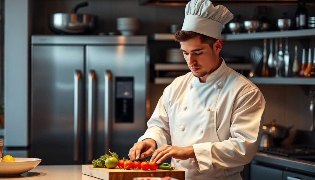 A professional private chef, wearing a crisp white apron and chef's hat, standing in a meticulously organized kitchen. The chef is focused, carefully chopping fresh vegetables on a wooden cutting board, with an array of gleaming stainless steel appliances and tools in the background. Warm, soft lighting casts a comforting glow, illuminating the chef's skilled movements and the rich colors of the ingredients. The kitchen exudes an atmosphere of calm efficiency, hinting at the chef's expertise and dedication to their craft.